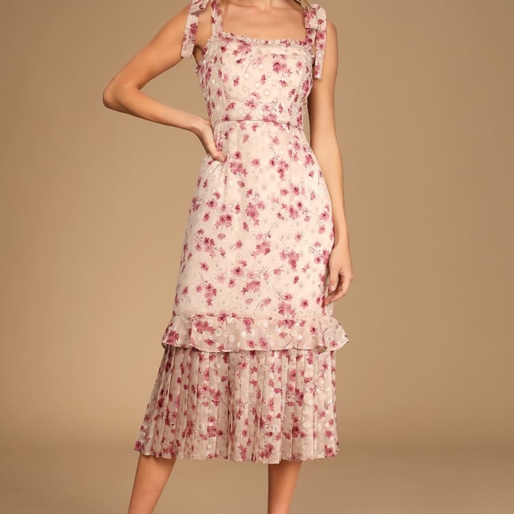 Lulu's Terrace Views Taupe Floral Print Tiered Midi Dress